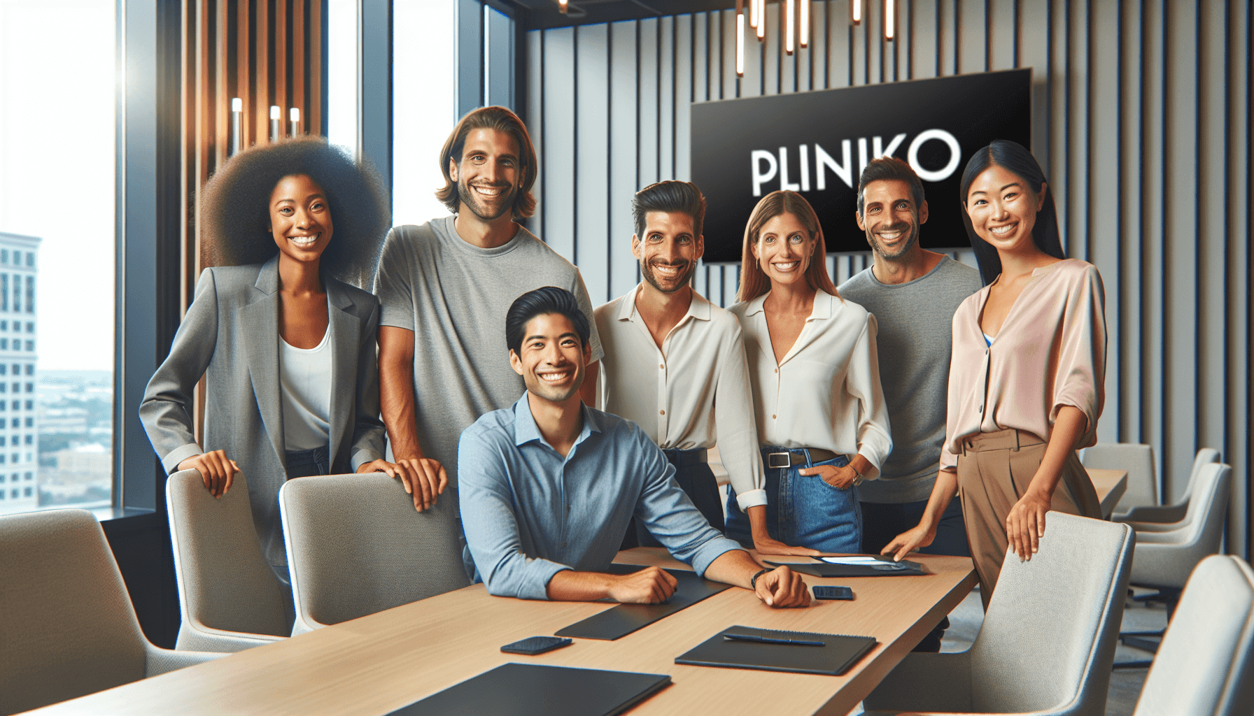 Foto de equipo de Plinko en sala de conferencias